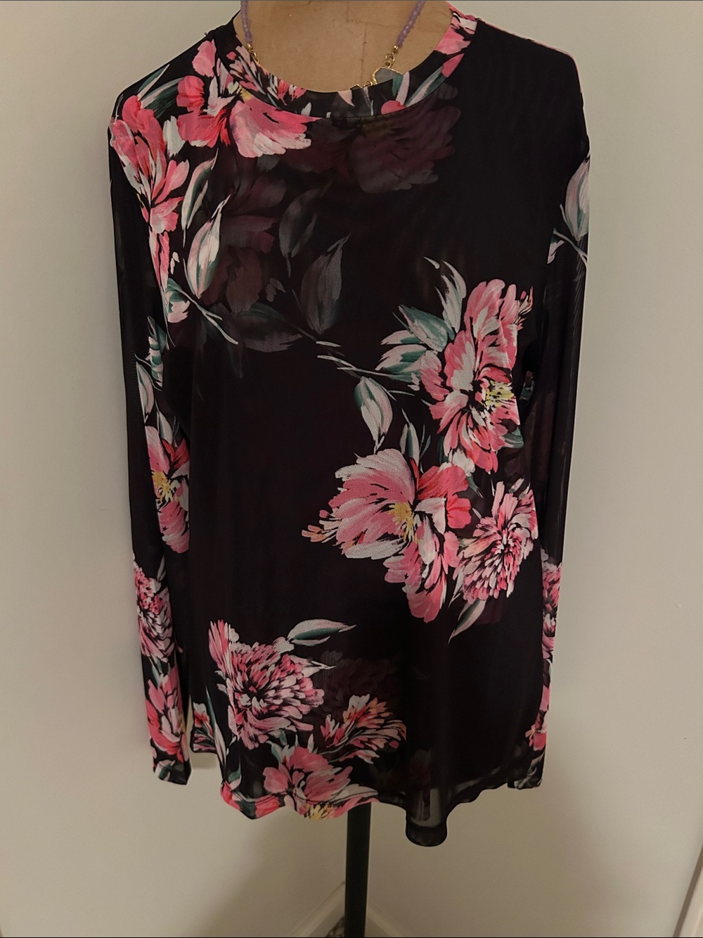 Jade Black Long-Sleeve Top with Pink Floral Print